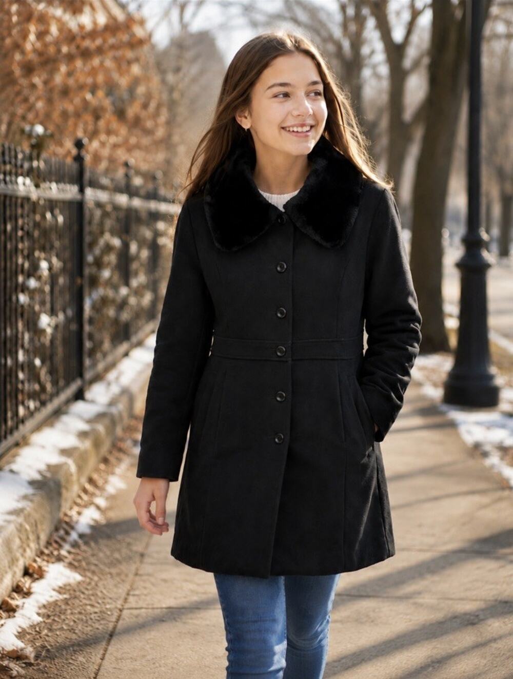 VTG Rothschild Girls 100% Wool Black Overcoat Sz 14 Faux Fur Trim Warm Pockets